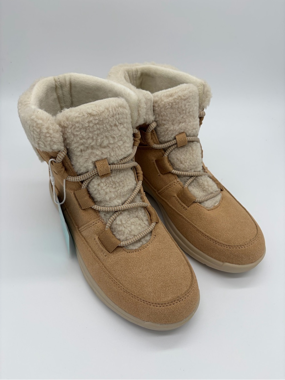 JBU Tan Suede-Look Faux-Shearling Lace-Up Winter Boots